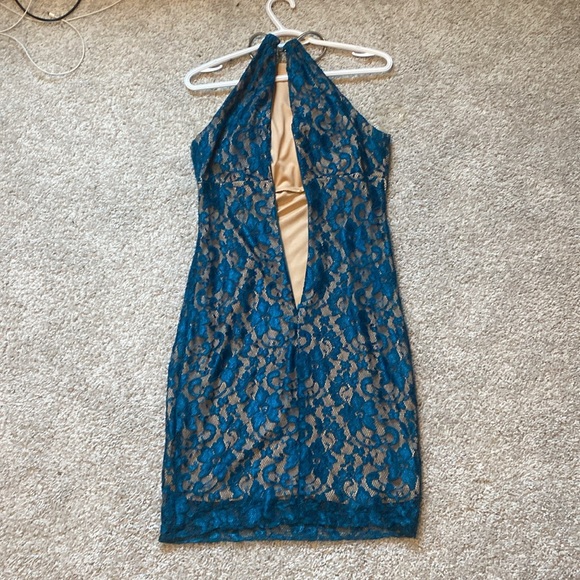 Blue dress, high collar, just above knee length - Picture 3 of 3